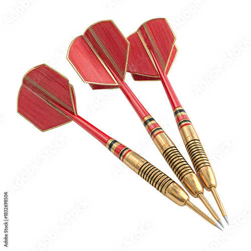 Professional Three Darts with Red Flights and Gold Barrels Isolated on White Background