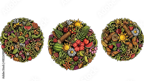 Vector Summer Nature Doodles Set: Vibrant Hand-Drawn Fruit and Insect Graphic Clusters