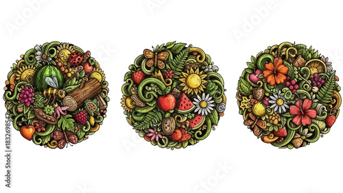 Vector Summer Nature Doodles Set: Vibrant Hand-Drawn Fruit and Insect Graphic Clusters