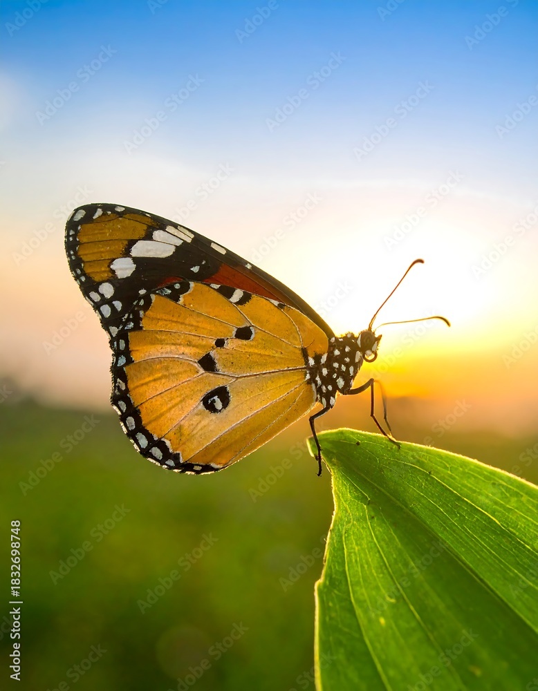 Fototapeta premium Monarch butterfly resting on a green leaf at sunset.