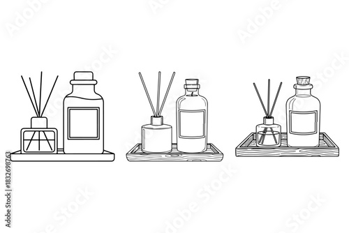 Vector illustration set of minimalist home fragrance products, including reed diffusers and oil jars, for spa, beauty, and wellness branding concepts