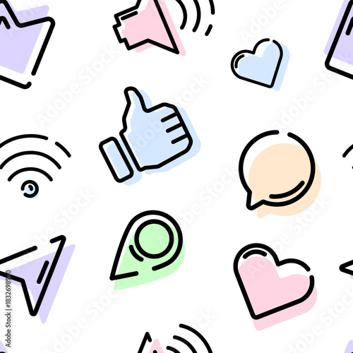 Seamless pattern with outlined UI and social media icons, ideal for digital design, tech backgrounds, apps, websites, and branding projects. Vector illustration