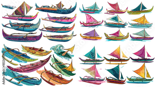 Colorful traditional outrigger boat illustration set featuring vibrant sails, wooden hulls and cultural maritime designs. Ideal for island themes, travel art and nautical decorative projects.