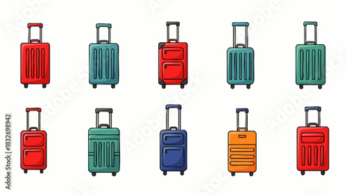 A vibrant collection of ten cartoon-style travel suitcases in various colors and sizes, perfect for illustrating vacation planning and global adventures.