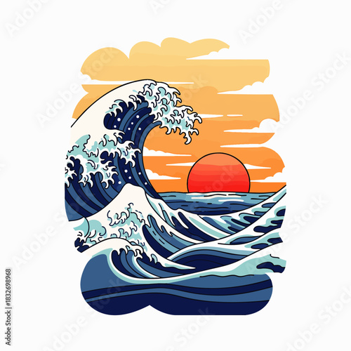 A visually striking stylized illustration captures a powerful ocean wave breaking under a vibrant red sun, evoking the timeless beauty of traditional Japanese art.