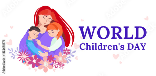 Mother hugging her children surrounded by hearts and flowers, symbolizing love and care on World Children’s Day, for holiday designs, websites, educational , social media , banner poster. Vector