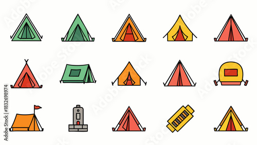 A vibrant collection of diverse camping tent icons, perfect for illustrating outdoor adventures, nature exploration, and recreational travel activities.