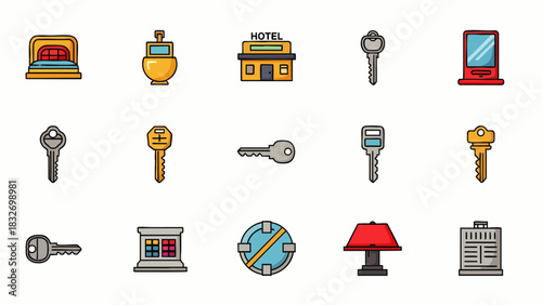A vibrant collection of hotel and accommodation-related line icons, featuring various keys, buildings, and room elements, perfect for digital design projects.