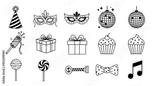 Party and Celebration Icon Set Hat, Mask, Presents, Food and Decorations
