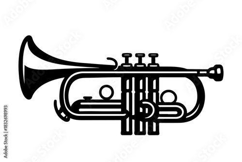 Vector graphic of a classic cornet, a brass musical instrument in a simple black silhouette. Icon representing orchestra, jazz band, fanfare, and classical music