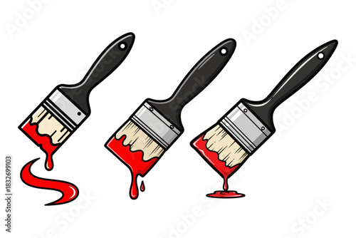 Three paint brushes with red paint dripping, representing artistic creation, home improvement, and creative expression