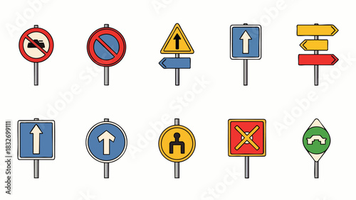 A clear vector illustration featuring a diverse collection of essential traffic and road signs, including warning, prohibitory, mandatory, and informational symbols.