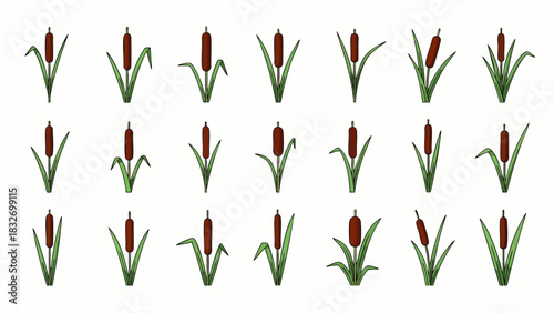A collection of stylized cattail illustrations featuring brown cylindrical spikes and vibrant green leaves, perfect for nature-themed designs.