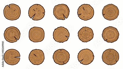 A collection of stylized, round wood log cross-sections showcasing intricate annual growth rings and natural textures, perfect for design elements.