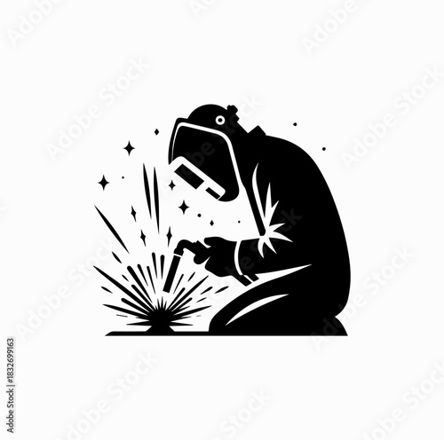 Minimal Welder Silhouette with Protective Helmet and Sparks – Industrial Vector Art