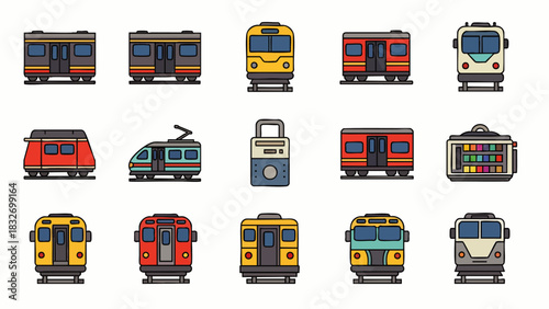 A charming collection of diverse pixel art train and subway car icons, rendered in a classic retro 8-bit style, ideal for games and digital design.