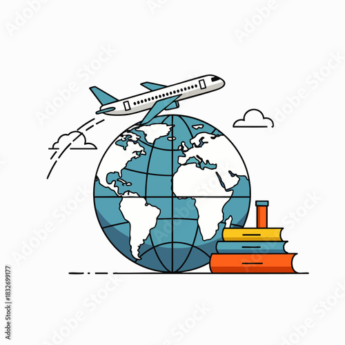 A sleek passenger airplane gracefully orbits a detailed blue globe, symbolizing international travel, global education, and worldwide exploration.
