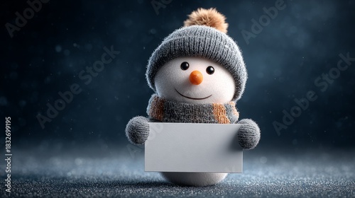 Cute snowman holding blank sign in winter scene
