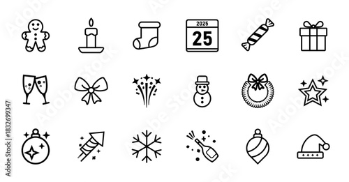 Christmas and New Year 2025 line icon set. Vector collection featuring gingerbread man, candle, stocking, gift, champagne, snowman, wreath, star, snowflake and fireworks.