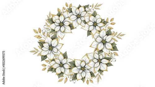 Watercolor White Poinsettia Christmas Wreath with Gold Accents Floral Holiday Illustration