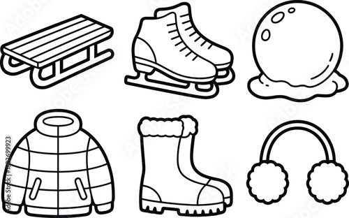 Winter Activity and Clothing Icons: Sled, Skates, Snowball, Jacket, Boots, Earmuffs