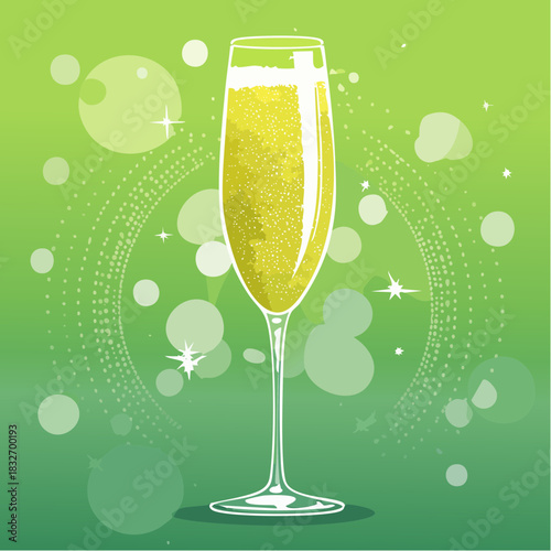 Champagne Celebration Sparkling Bubbles in a Flute Glass with Festive Green Background