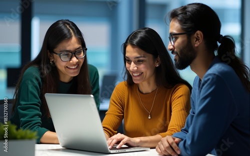 Team of Three Diverse South Asian Software Developers Talk, Discuss a Technological Project. Empowered Indian Female Specialists and Two Colleagues Work on Digital Software as a Service Business