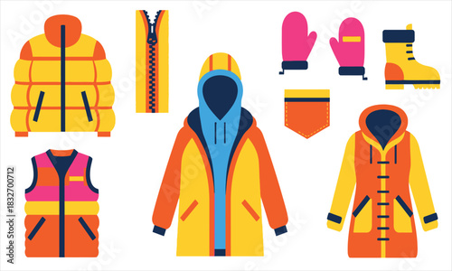 Warm Winter Apparel Vector Illustration with Jackets and Gloves