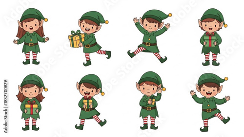Delightful Christmas Elf Characters Celebrate the Holidays with Gifts, Perfect for Festive Designs and Seasonal Greetings, Originally Scalable Vector Art