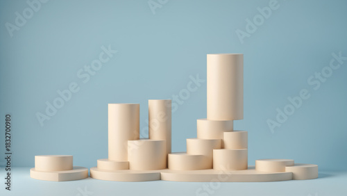 3D minimal product display podium with beige cylinders on blue background 4k