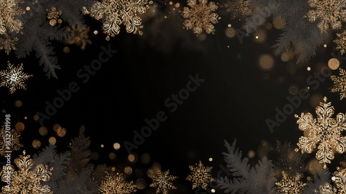 Sleek black background fading to dark charcoal, metallic gold decorative snowflakes, pine branches and holiday ornaments framing top and bottom edges, subtle gold bokeh lights