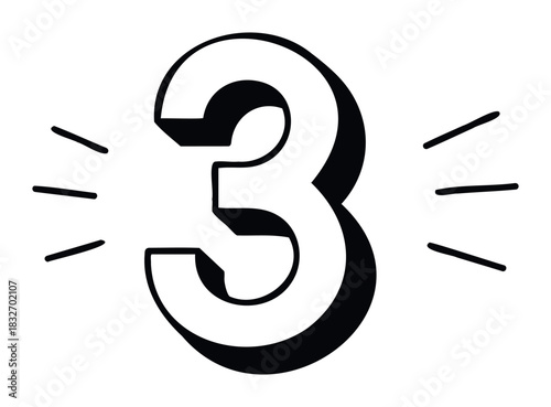 Bold numeral three with dramatic shadowing and radiating lines, perfect for celebratory announcements, event promotions, or educational materials emphasizing number three.
