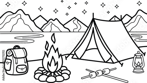 Camping Scene with Tent, Campfire, Marshmallows, Backpack, Lantern, and Mountains