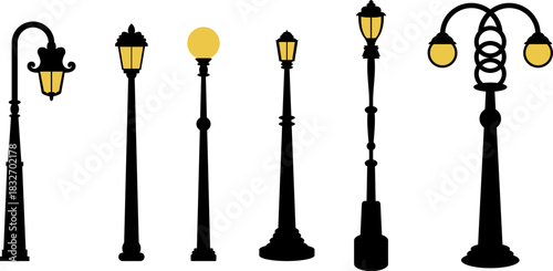 Streetlight / Lamp Post Outline, Silhouette & Color Clipart