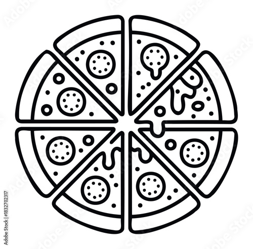 Abstract black and white circular pizza slices with toppings icon for food service promotion and graphic assets for menus and apps