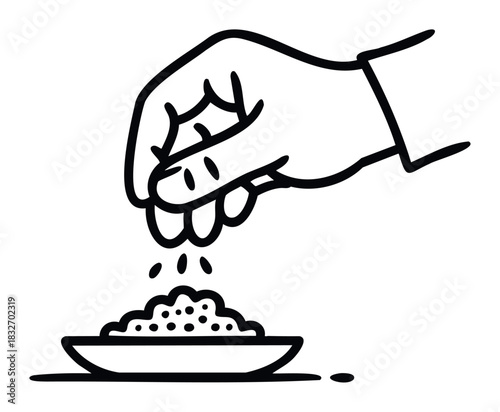 Hand sprinkling spices or grains into a small bowl, a symbolic concept for cooking, seasoning, or nutrition preparation.