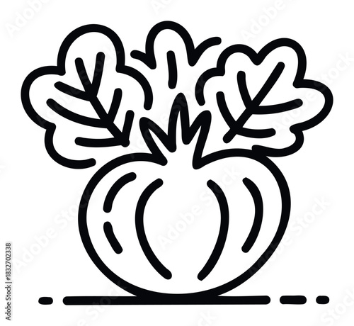 Stylized line drawing of a ripe tomato with fresh green leaves sprouting from the top, symbolizing healthy eating and organic produce, perfect for food blogs and healthy lifestyle content.