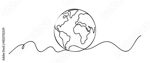 Abstract globe with continuous line drawing continents and flowing wavy line below, perfect for global concepts and environmental themes in media.