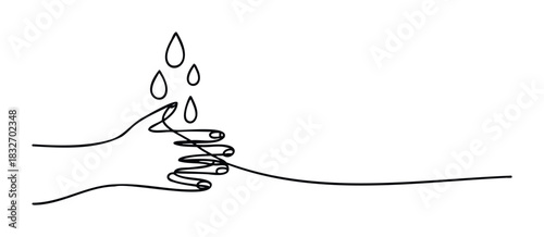 Continuous line drawing of a hand washing with drops of water representing cleanliness and hygiene, suitable for health and wellness themes.