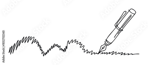 Fountain pen drawing wavy lines on paper symbolizing communication, writing, creativity, and the act of creating documents for study or professional tasks.