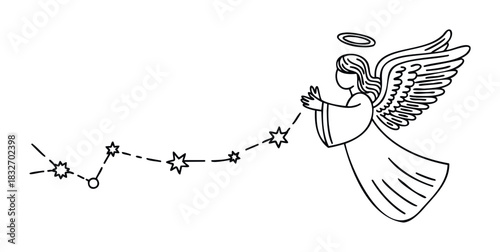 Angel with halo and wings reaching towards a constellation of stars connected by dashed lines for celestial themes and spiritual concepts