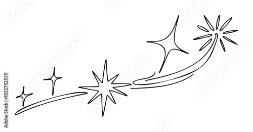 Simple line drawing of sparkling stars and shooting star trails in a dynamic sequence perfect for celebratory themes and adding flair to projects
