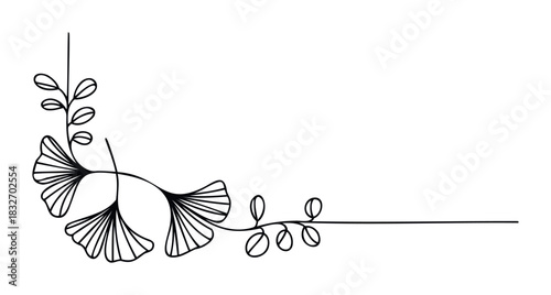 Minimalist black ginkgo branch with delicate leaves for elegant decorative borders and design accents, perfect for invitations and branding.