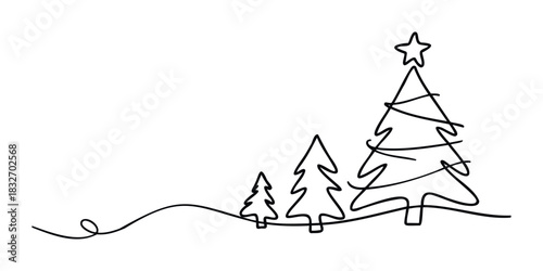 Minimalist continuous line drawing of a Christmas tree forest with a star on the largest tree, perfect for seasonal greeting cards and festive holiday banners.