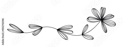 Whimsical floral vine with delicate petals and leaves flowing elegantly across a white space, perfect for adding a natural touch to feminine stationery and whimsical branding projects.