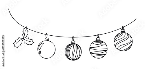 Festive Christmas ornaments and holly berries hanging on a garland string, perfect for seasonal decorations and holiday invitations.