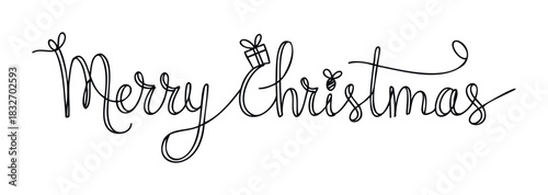 Hand drawn calligraphy phrase Merry Christmas with gift and bee accent, perfect for holiday greetings and seasonal promotions.