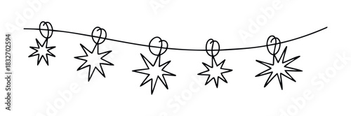Festive garland of five sparkling star shapes hanging on a wire, ideal for holiday and celebration decorations.