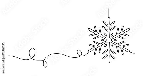 Single continuous line drawing of a delicate snowflake ornament hanging by a thread, perfect for winter holiday decorations, New Year celebrations, and festive season projects.