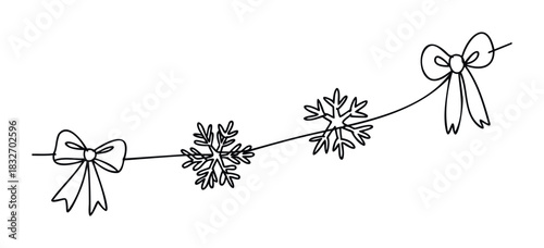 Festive garland of bows and snowflakes on a string for holiday decoration and Christmas celebration themes